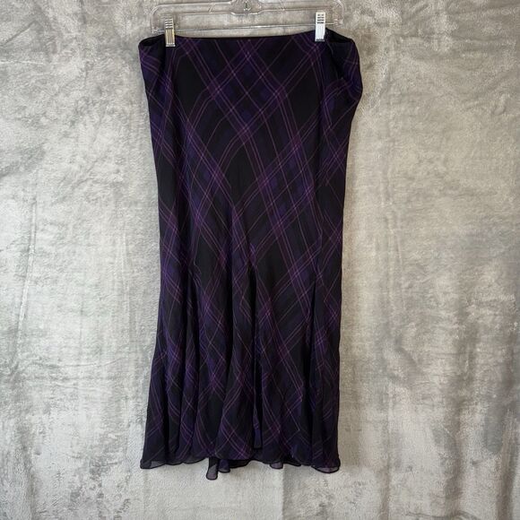 Lauren Ralph Lauren Silk Plaid Midi Skirt Sz 12 Purple Black Gothic Academia - Picture 2 of 10